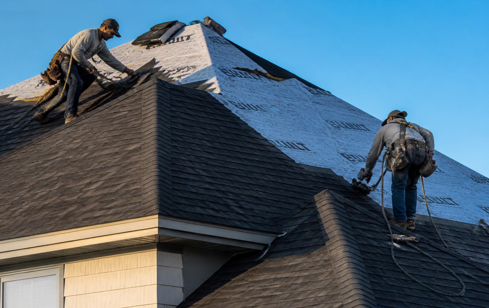 Arrow Roofing crew installing architectural shingles on a home